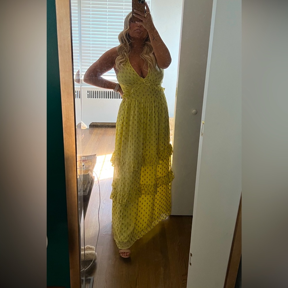 Vici collection yellow sequin maxi dress, size medium